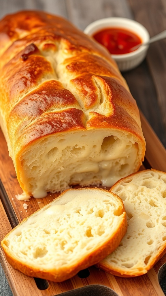 A loaf of cheese bread with melted cheese, sliced on a wooden board with marinara sauce.